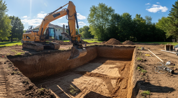 Pelleteuse et piscine